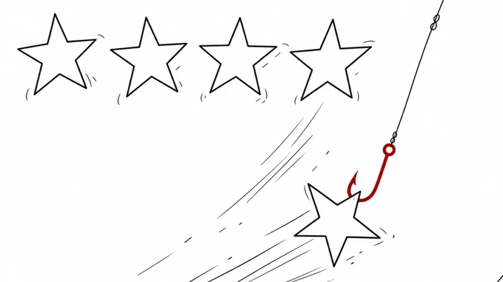 Reseñas falsas de una estrella sobre la reputación de una empresa, concepto de extorsión reputacional