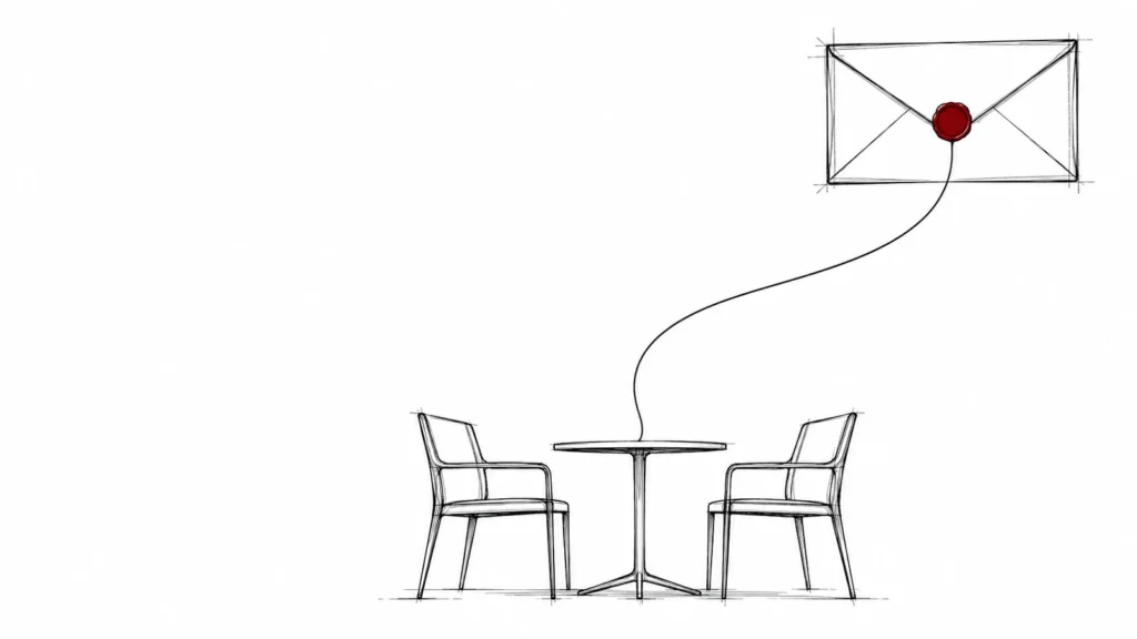 Burofax de reclamación de deuda: sobre cerrado con sello del que baja una línea hasta una mesa con dos sillas enfrentadas, en ilustración de línea