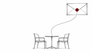 Burofax de reclamación de deuda: sobre cerrado con sello del que baja una línea hasta una mesa con dos sillas enfrentadas, en ilustración de línea
