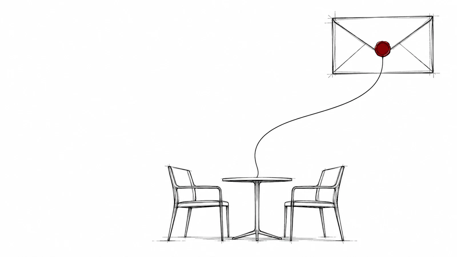 Burofax de reclamación de deuda: sobre cerrado con sello del que baja una línea hasta una mesa con dos sillas enfrentadas, en ilustración de línea