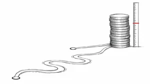 Ilustración de una pila de monedas junto a una cinta métrica con una marca, de la que parten dos caminos: juicio verbal o ordinario según la cuantía