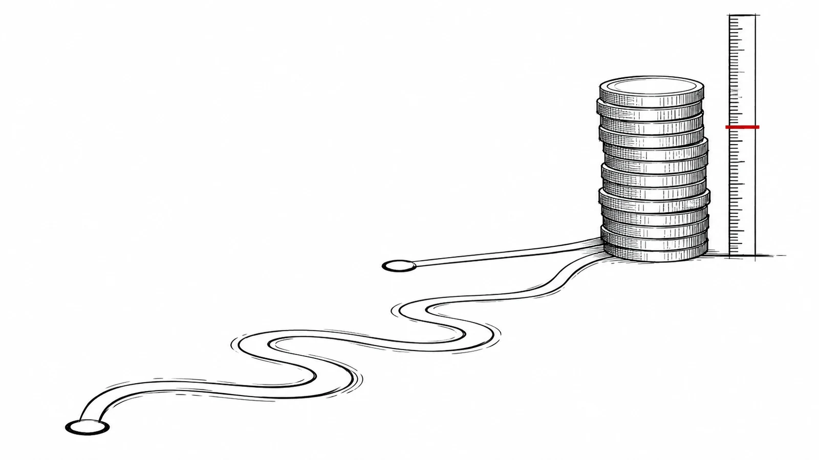 Ilustración de una pila de monedas junto a una cinta métrica con una marca, de la que parten dos caminos: juicio verbal o ordinario según la cuantía