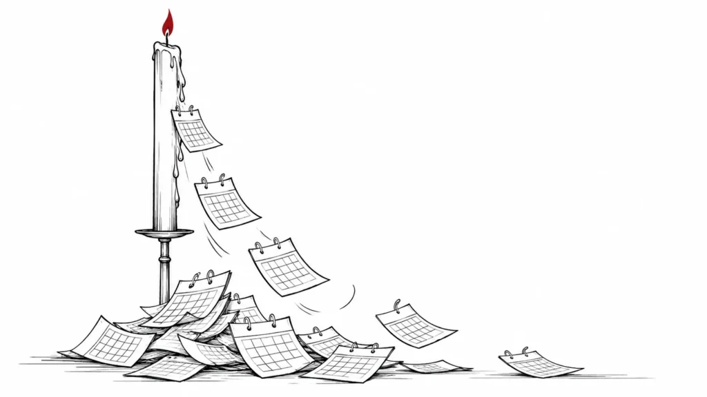 Ilustración line-art de una vela que se consume y cuyas gotas de cera se convierten en hojas de calendario, metáfora de la prescripción de deudas