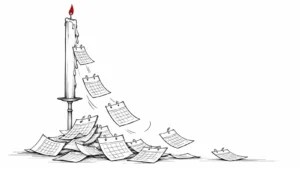 Ilustración line-art de una vela que se consume y cuyas gotas de cera se convierten en hojas de calendario, metáfora de la prescripción de deudas