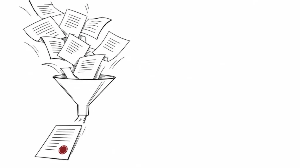 Ilustración de una pila de facturas que pasa por un embudo y sale convertida en un único documento sellado, metáfora del procedimiento monitorio