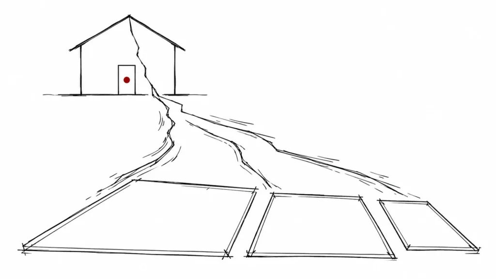 Cuaderno particional: dibujo a línea de una casa agrietada cuya grieta se abre en tres parcelas, una por heredero, con un punto granate en la puerta
