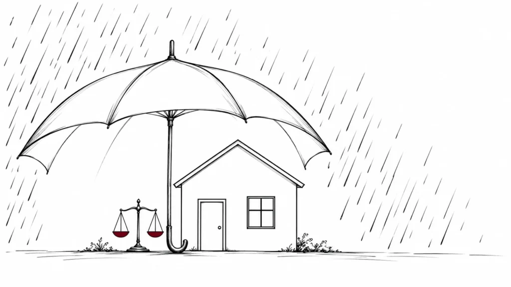 Ilustración de un paraguas que cubre una casa y una balanza: la defensa jurídica del seguro de hogar que paga el abogado