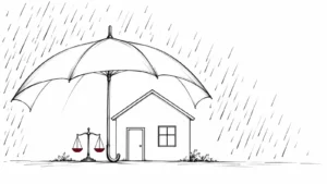 Ilustración de un paraguas que cubre una casa y una balanza: la defensa jurídica del seguro de hogar que paga el abogado