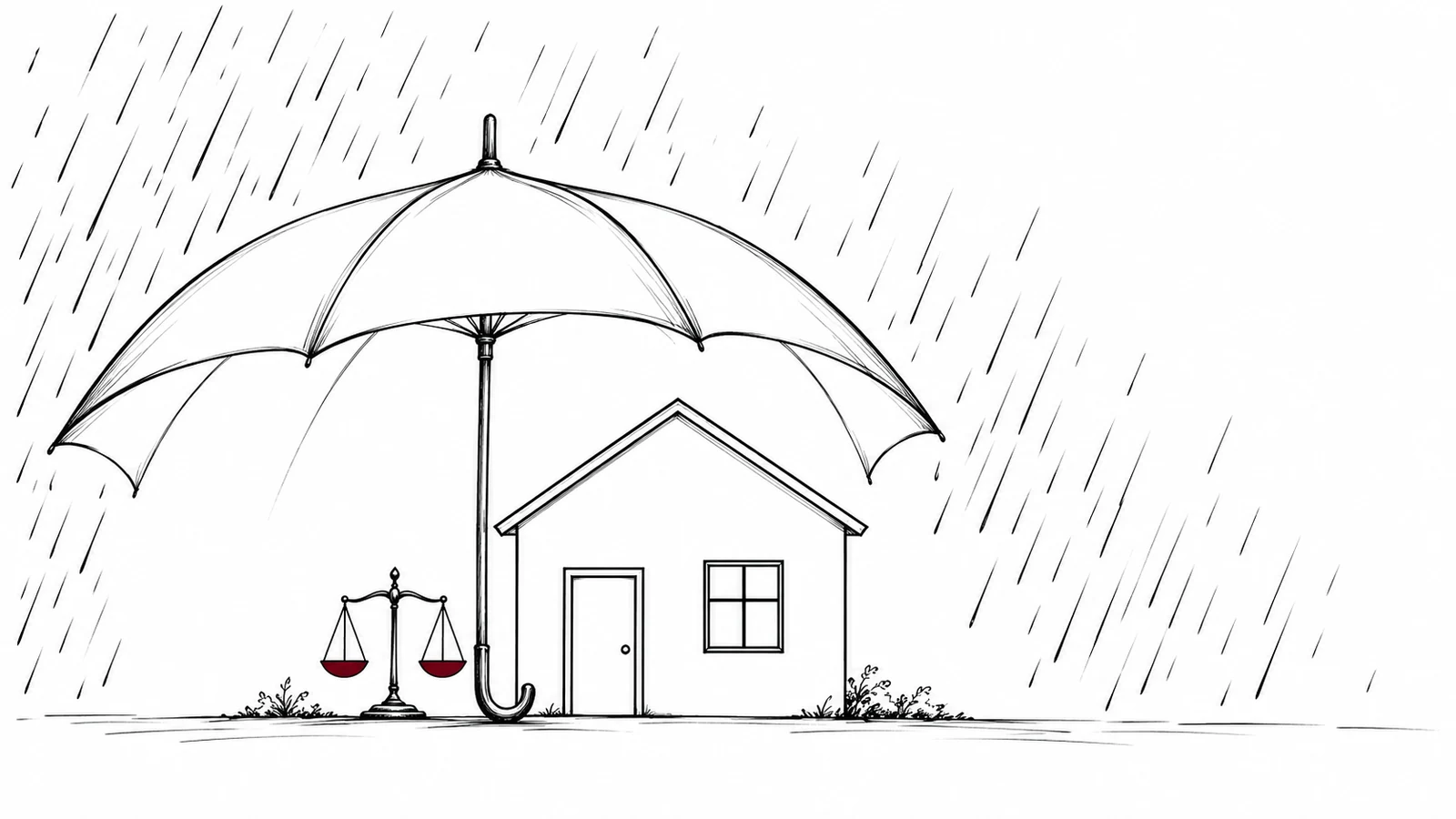 Ilustración de un paraguas que cubre una casa y una balanza: la defensa jurídica del seguro de hogar que paga el abogado